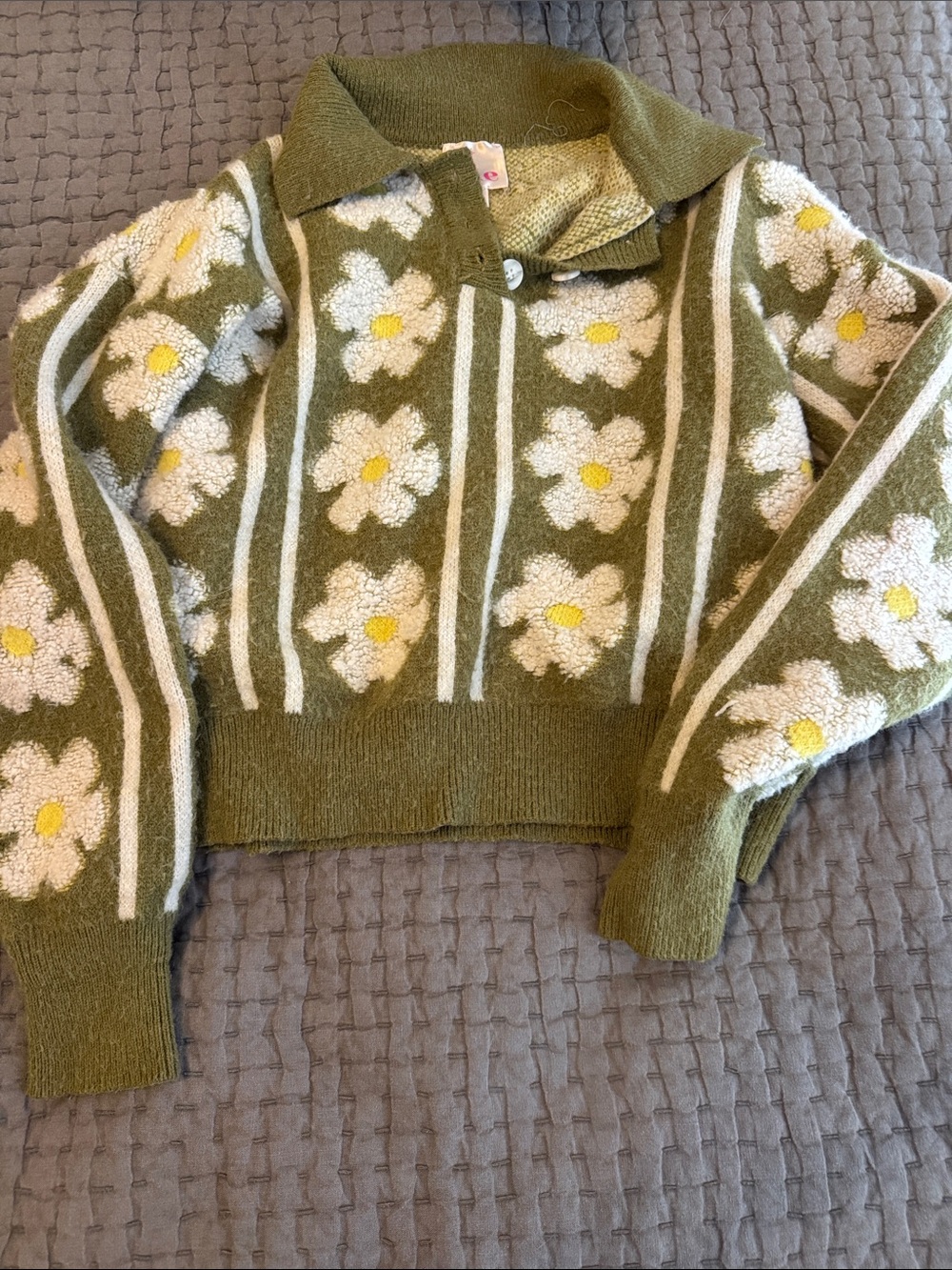 So Me Olive Green Daisy Polo Knit Sweater